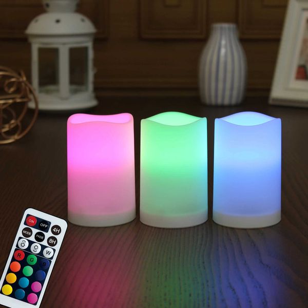 LED Strips WRalwaysLX Flameless Plastic Pillar Candles Decorative Color-Changing LED Flickering Candles with Remote Control 3 Pack S25212
