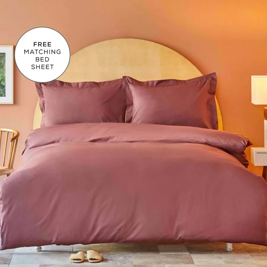 Karaca Home Back To Basic 100% Turkish Cotton Duvet Cover Set with Bed Sheet, Single, Wine