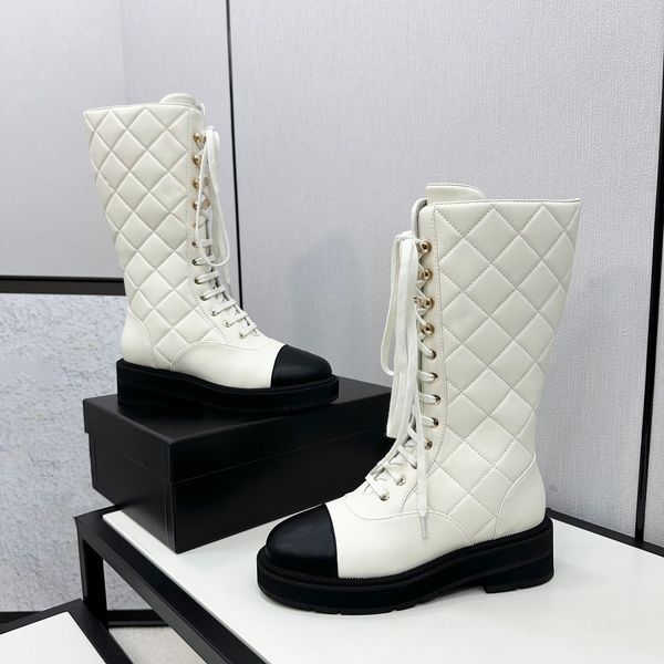 2025--Top Quality Knee Combat Boots Round Toe Platform Chunky Heels Lace Up Side Zip Women&#039;s Luxury Designer Leather Sole Factory Shoes