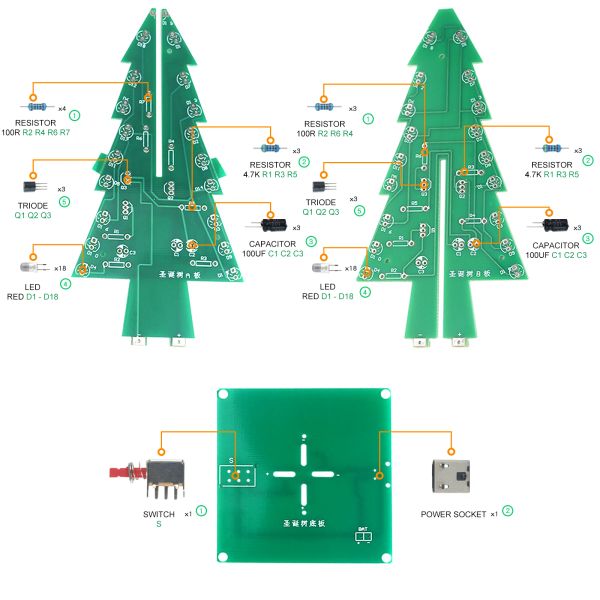 DWC DIY Electronics Kit 3D Christmas Tree Soldering Practice Electronic Science Assembly Kit 3 Color-7 Color Flashing LED PCB