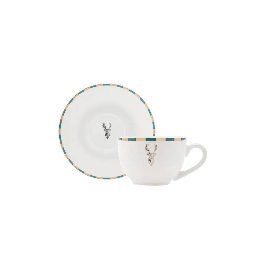 Karaca Aries 2 Piece Porcelain Tea Cup and Saucer, 220ml, Green Multi