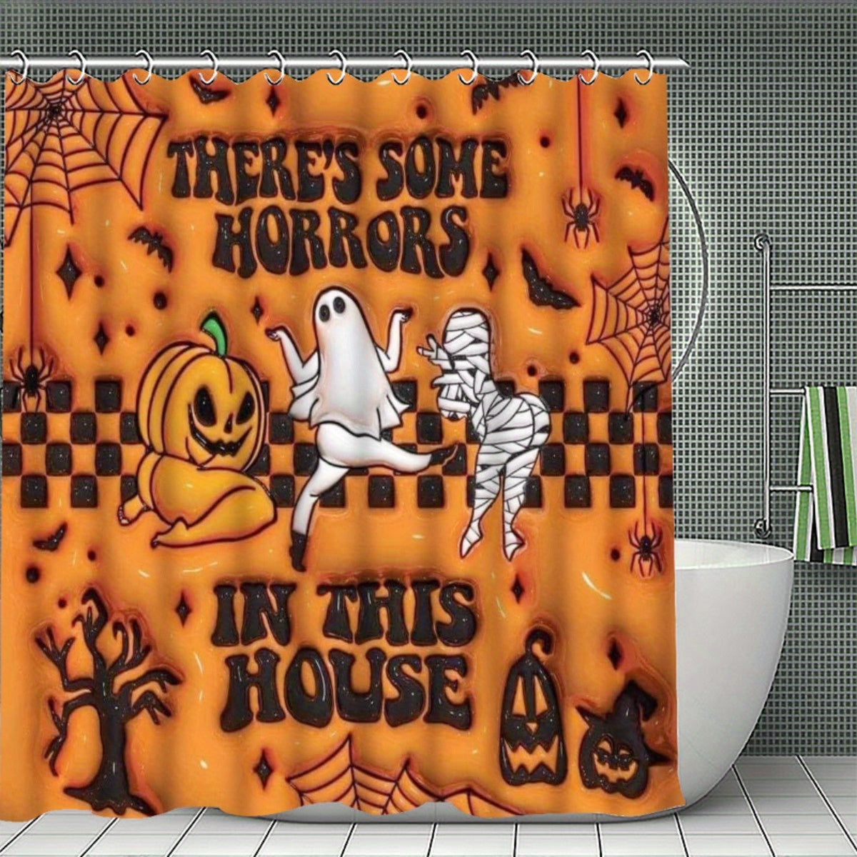 TEMU Halloween Horror Shower Curtain Set Spooky Pumpkin Design With Haunted House Atmosphere Halloween Bathroom Decor Durable And Stylish Easy To