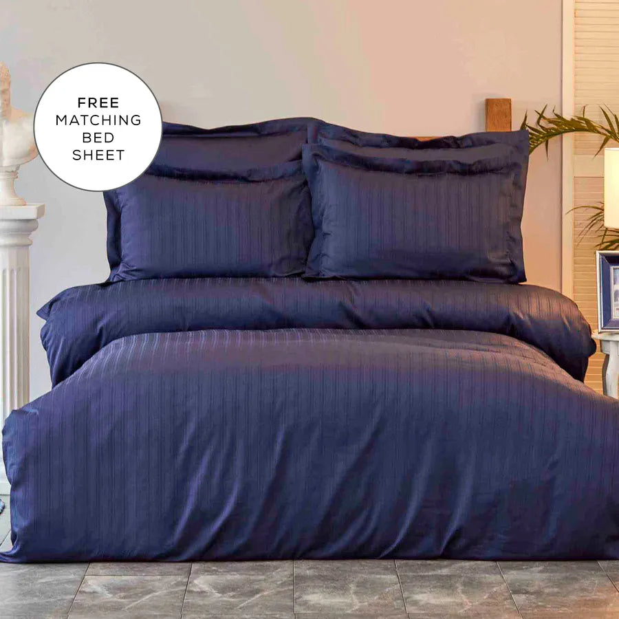 Karaca Home Charm Bold 100% Turkish Cotton Duvet Cover Set with Bed Sheet, Double, Navy Blue