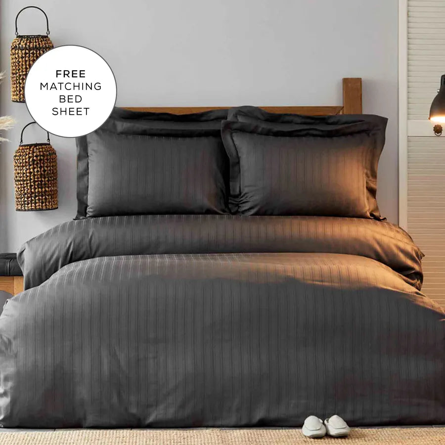 Karaca Home Charm Bold 100% Turkish Cotton Duvet Cover Set with Bed Sheet, Double, Anthracite