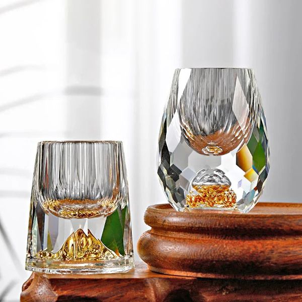 Gold Leaf Jinshan White Wine Cup Diamond Cutting Crystal Liquor Glasses Simple Whiskey Glass Spirits Sake Soju Brandy S 240711