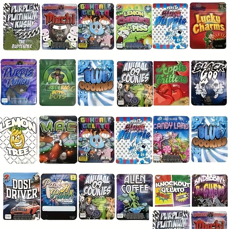 TEMU 100pcs Reusable Plastic Zipper Bags - 10 Random Styles (candy, Snack, Gummy, Durable) | 3.5g Thick Film Resealable Storage Bags With Zipper