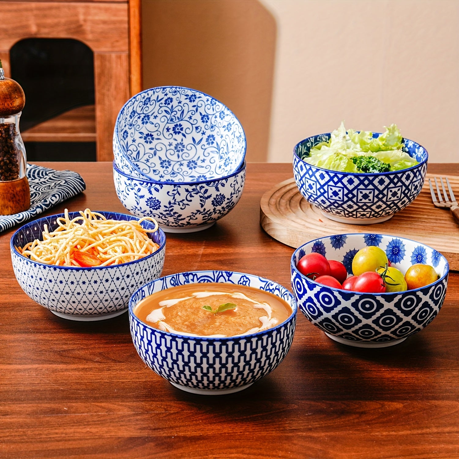 TEMU 6pcs Ceramic Soup Bowls Set, 23 Oz Deep Cereal Bowl For Kitchen, 6 Inch Porcelain Salad Bowl For Pasta, Dessert, Ramen - Microwave Dishwasher