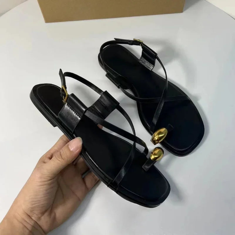 Flat Sandals for Women 2024 Summer - Metal Decor Cross Strap Breathable Ladies Footwear 4
