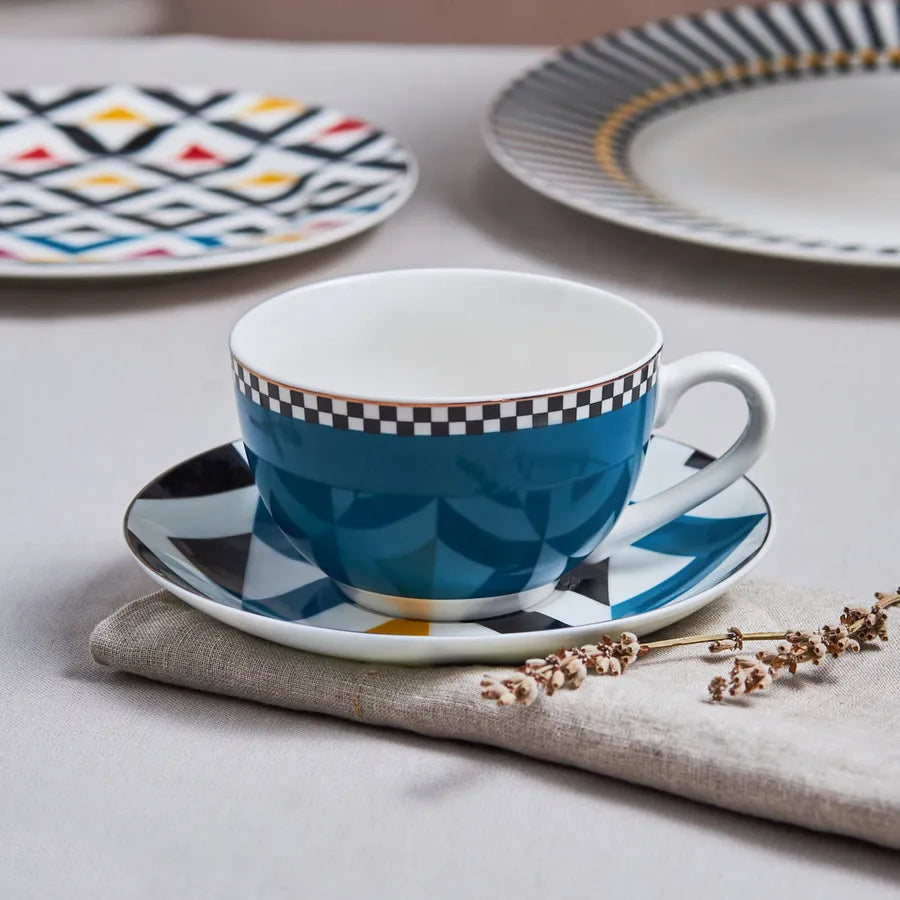 Karaca Game 2 Piece New Generation Bone Tea Cup and Saucer, 220ml, Blue