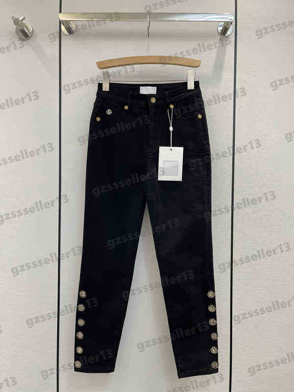 Fashion Womens Jeans CN Metal Button Logo Embellished Jeans Autumn Comfort Fabric Black Cotton Straight Skinny Pants Luxury Designer Women Clothing