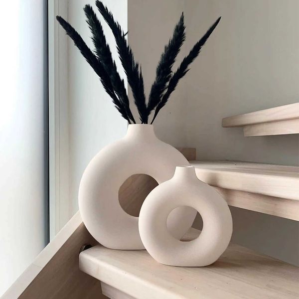 Ceramic Vases for He Decor Set of 2 Donut Vases Modern White Farmhouse Vases Round Boho for Bookshelf MantelT250117