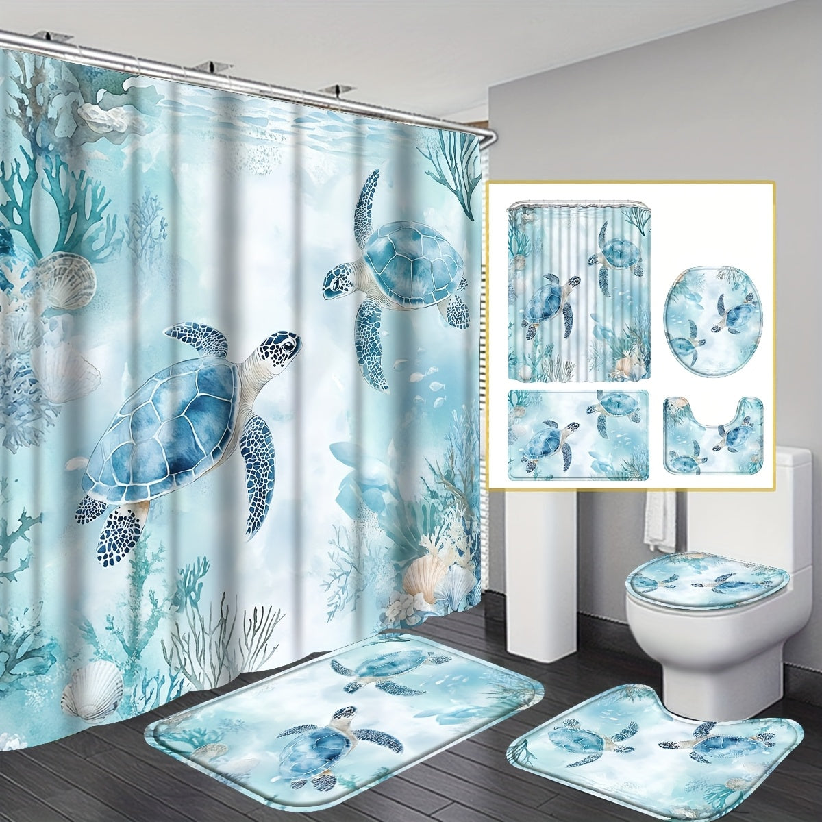 TEMU 4pcs Sea Turtle Shower Curtain Set, Bathroom Decor With 12 Hooks, Non-slip Rugs, Toilet Lid Cover & U-shaped Mat, Nautical Blue Ocean Theme For