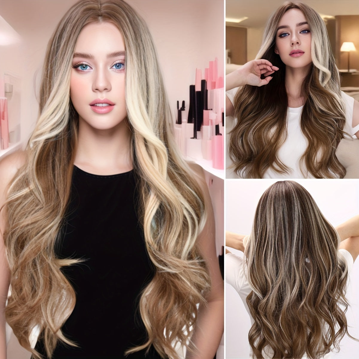 TEMU 30" Elegant Loose Wave Ombre Blonde To Brown Synthetic Wig For Women - Highlighted Long Wavy Style, Parties & Casual Attire, , , Heat-resistant