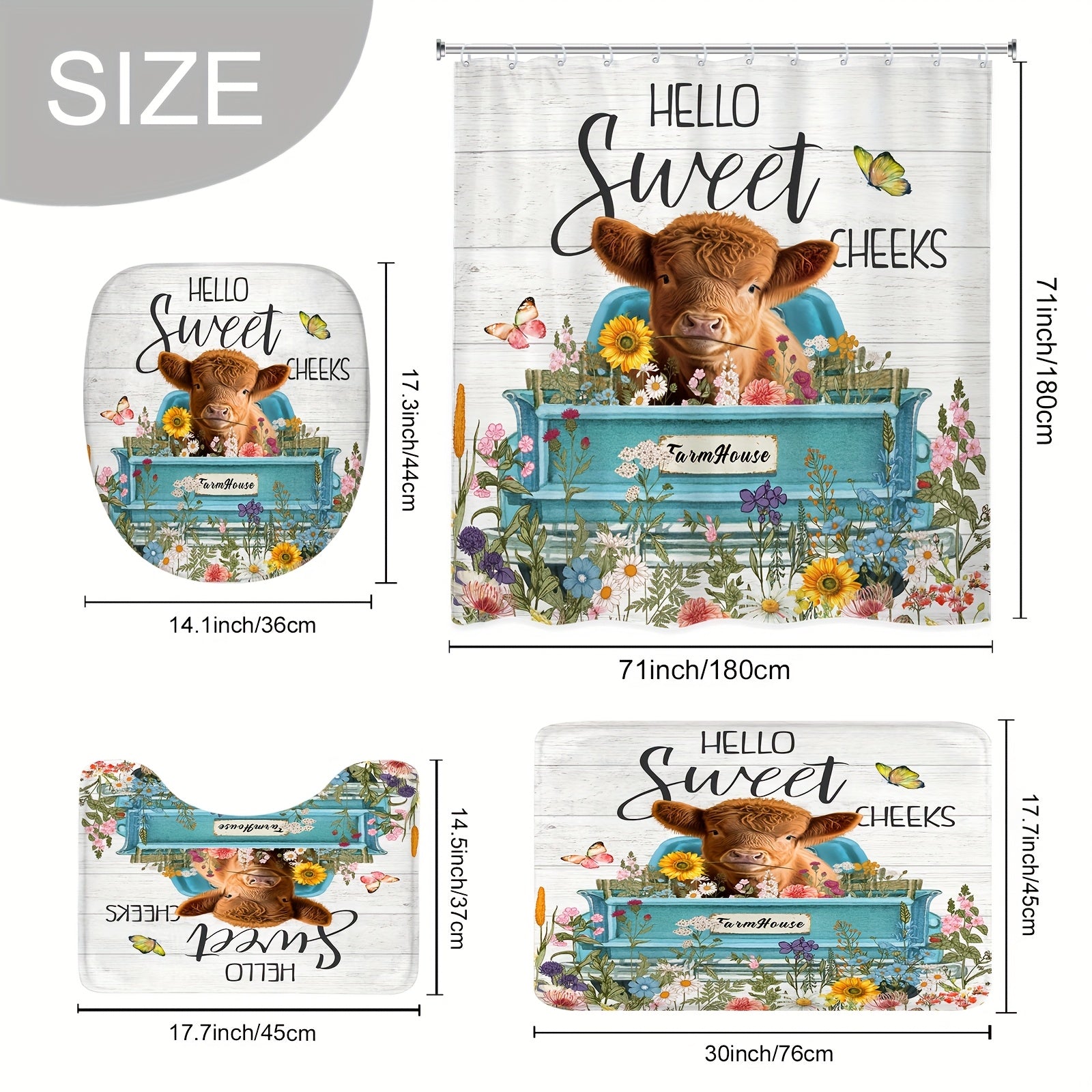 TEMU 1-4pcs Highland Cow Shower Curtain Set, Including High Quality Shower Curtain With 12 Plastic Hooks, Bathroom Non-slip Mat, Toilet U-shaped Mat,