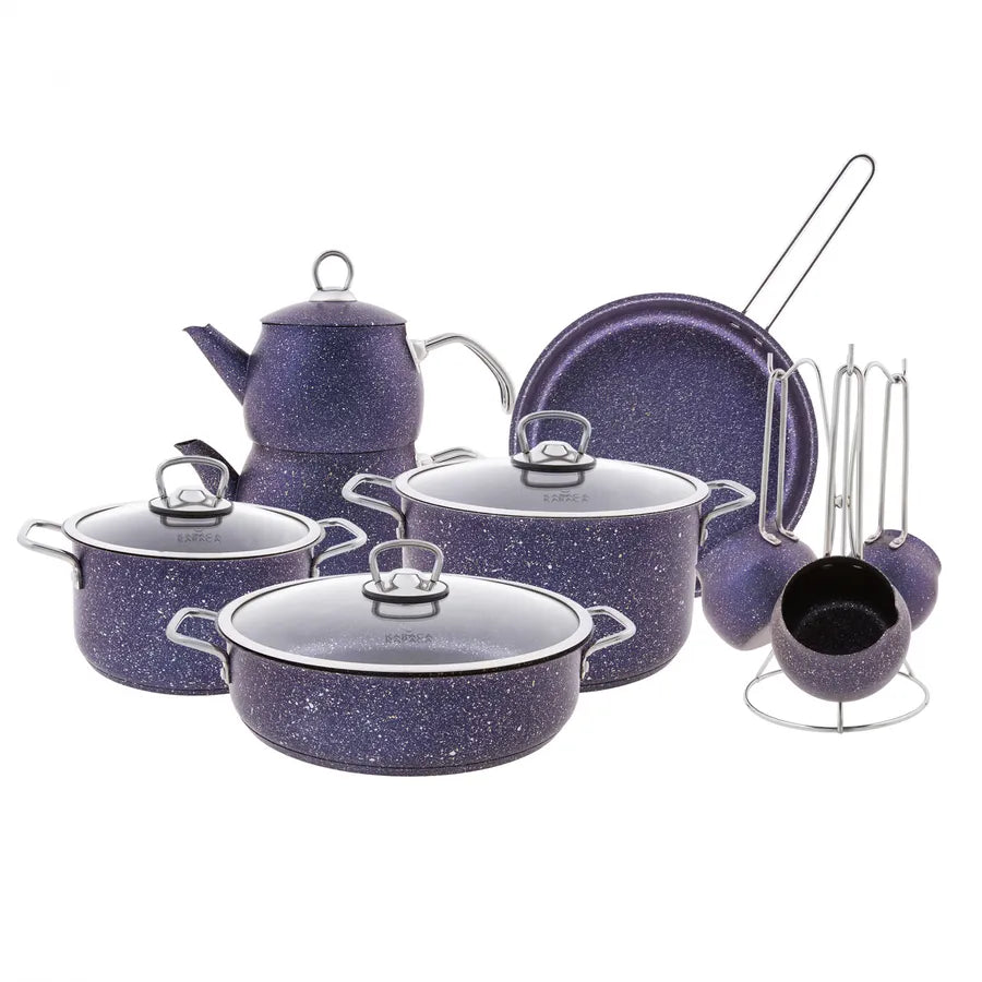 Karaca Biogranite Steel Plus 14-Piece Non-Stick Induction Cookware Set with Teapot and Turkish Coffee Pot Set with Stand, Purple