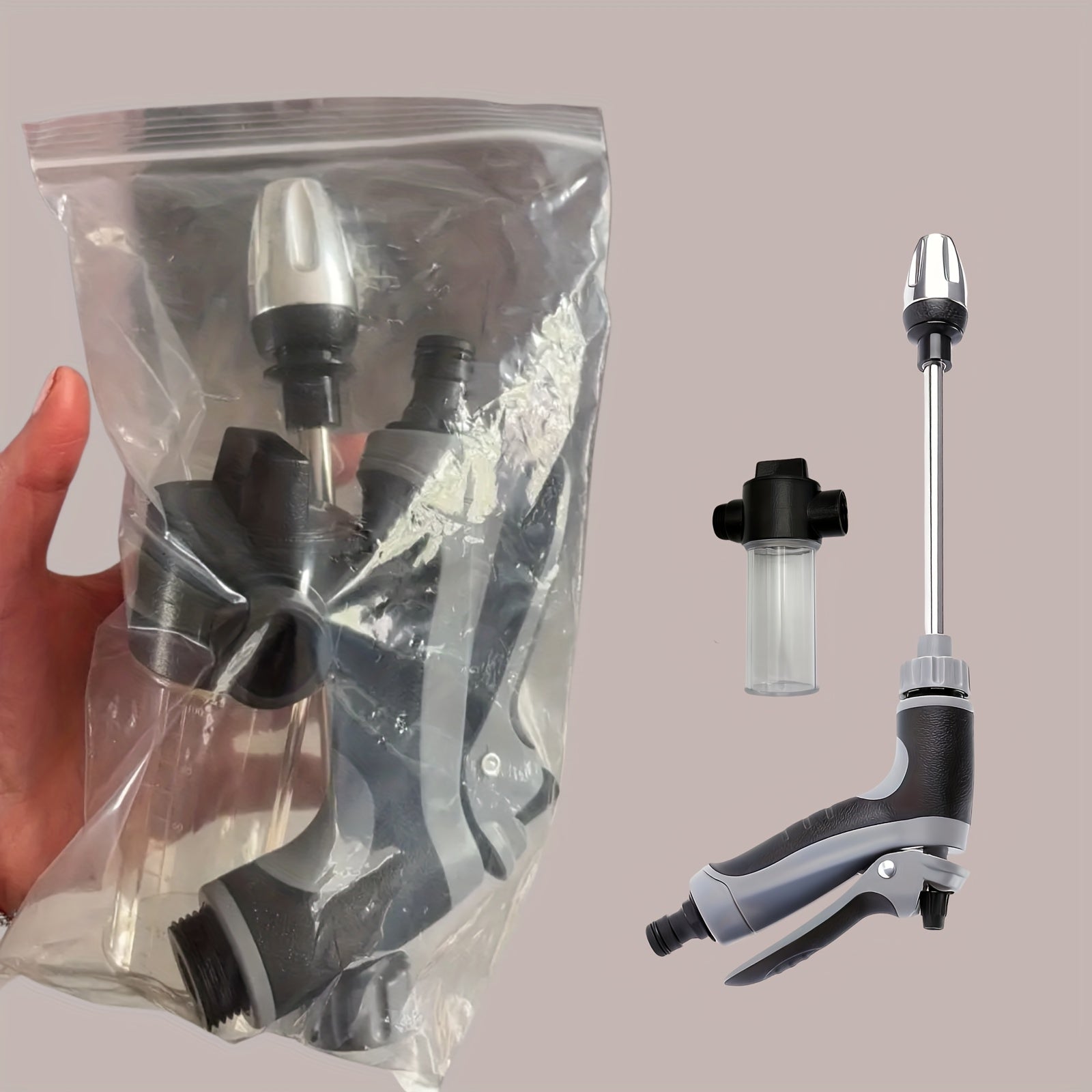 TEMU 1 Set, High-pressure Car Wash Foam Gun With Extended Handle Adjustable Nozzle Multi-functional Cleaning Watering Tire Inflator With Foam Bottle