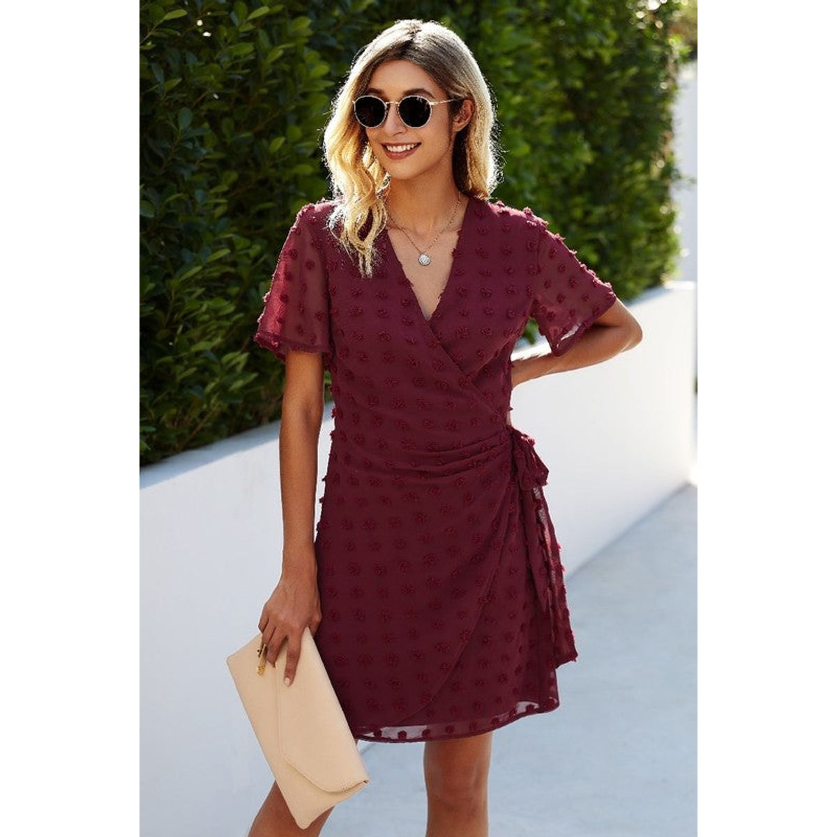 Women's Abstract Dotted Waist Tie Casual Dress - Wine - Large (10-12)