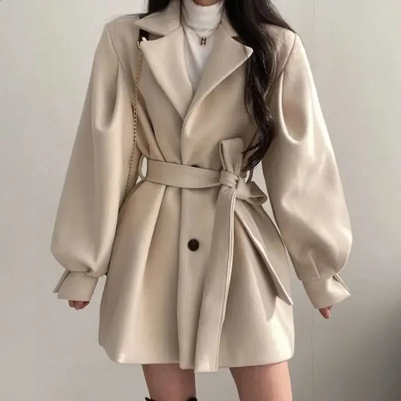 Black wool jacket womens autumn-winter trend mid length Korean style suit collar small wool coat 240909