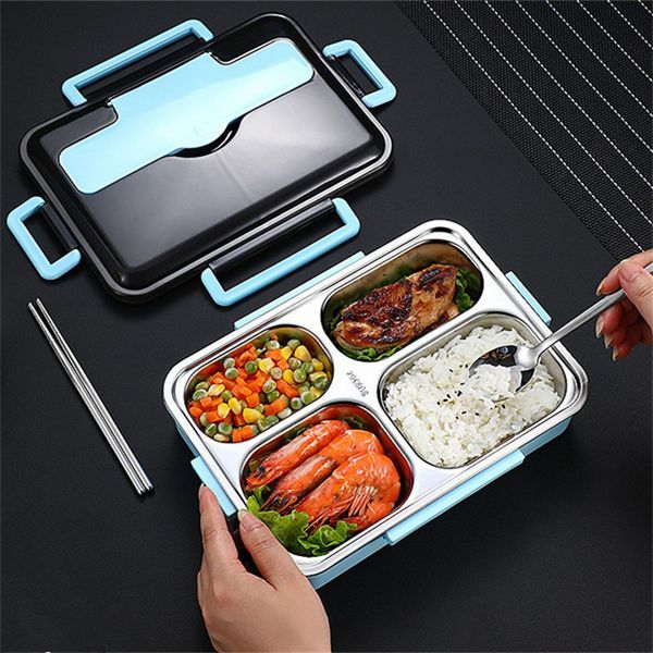 Bento Boxes 4-Grid Thermal Lunch Bento Box Inner 304 Stainless Steel Leakproof Microwave Fresh Keeping Meal Container for School Picnic 2305