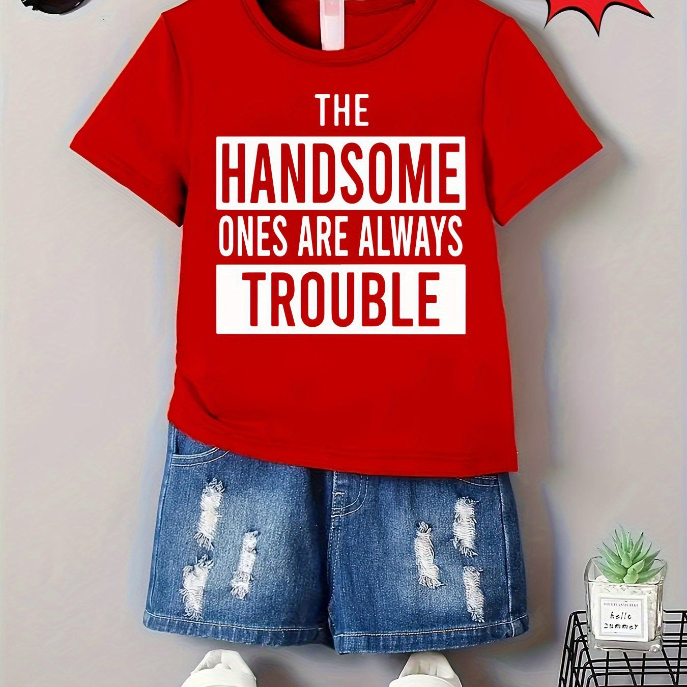 TEMU Gourd Doll ' Summer Casual T-shirt - "the Are Trouble" Letter Print, Red Crew Neck Tee, Machine Washable, Fit