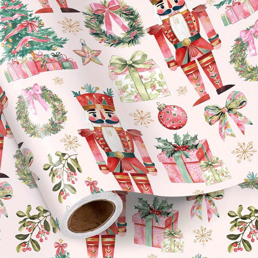 TEMU Vintage Nutcracker Christmas Wrapping Paper Roll - Elegant Holiday Gift Wrap With Nutcrackers, Trees, Wreaths - Large 58x23 Inch (1.5x0.6m) For