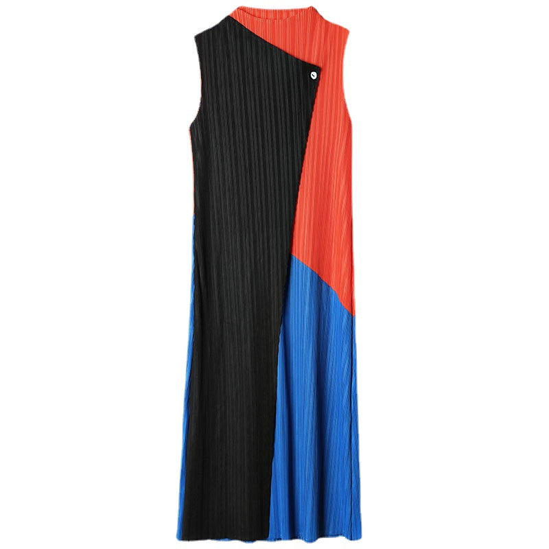 (129) Half-high collar vest dress, mid-length summer, Miyake fresh, slim, temperament, pleated dress