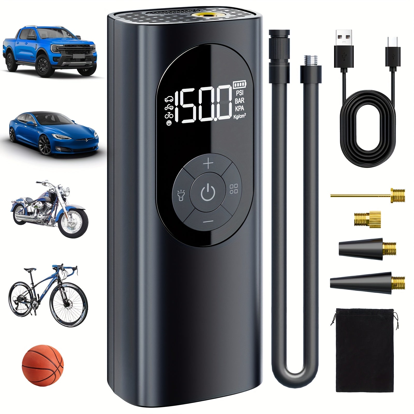 TEMU Portable Cordless Air Compressor Pump With Digital Pressure Gauge & Auto Shutoff, 150psi Fast Inflation, -c Lithium-ion - Air Pump For Tires,