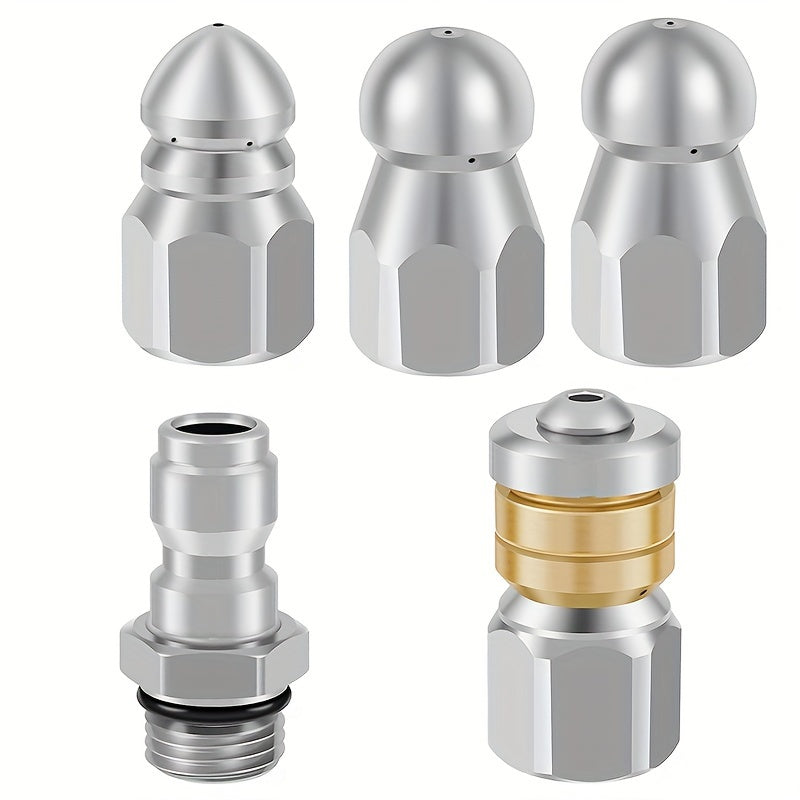 TEMU 5pcs Pressure Washer Sewer , Pointed, Pipe Uncloggerpipe Unclogger,button Nose, Rotating And Corner Sewer Nozzle, Different Models, Stainless