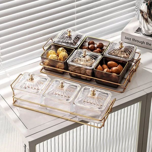 Transparent Square Dessert Jar Dish Grid Dried Fruit Salad Plate Snack Dishes Food Storage Preserved Tray Box Lid Bowl Tableware 240712