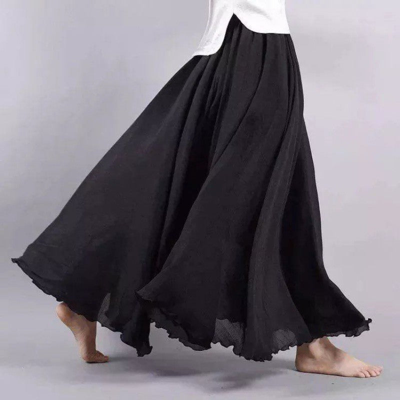 Double-layer cotton and linen skirt for women, literary and ethnic style, linen long, large size, long swing skirt