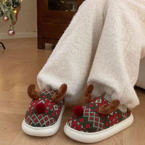 Warm And Fashionable Home Slippers Soft Soled Womens Christmas Reindeer Winter Indoor Household Cartoon Cotton Slippers 241111