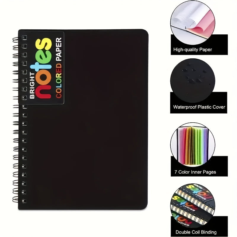 TEMU 6pcs Set: 1 Spiral Notebook + 5 Pens, 5 X 7 Inch College Ruled Grid Journal With Black Cover & 7 Neon Color Grid Paper Pages, 360° Foldable,