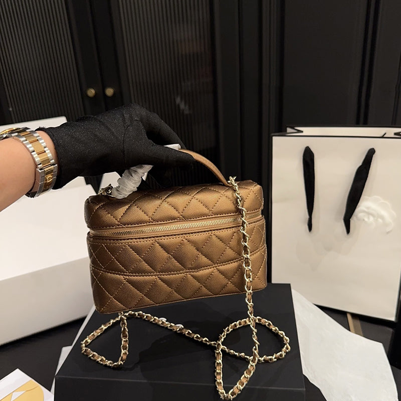 25B Womens Designer Golden Metallic Caviar Leather Vanity Cosmetic Case Makeup Box Bag Top Handle Clutch Tote Suitcase Trunk Box Gold Matelasse Chai