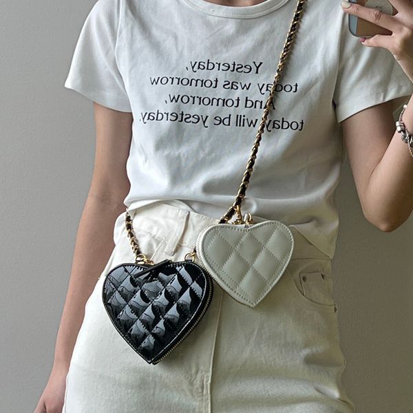 23P Women Patent Leather Gemini Heart Bags Black White Love Valentine Collection Gold Metal Hardware Matelasse Chain Crossbody Shoulder Hand
