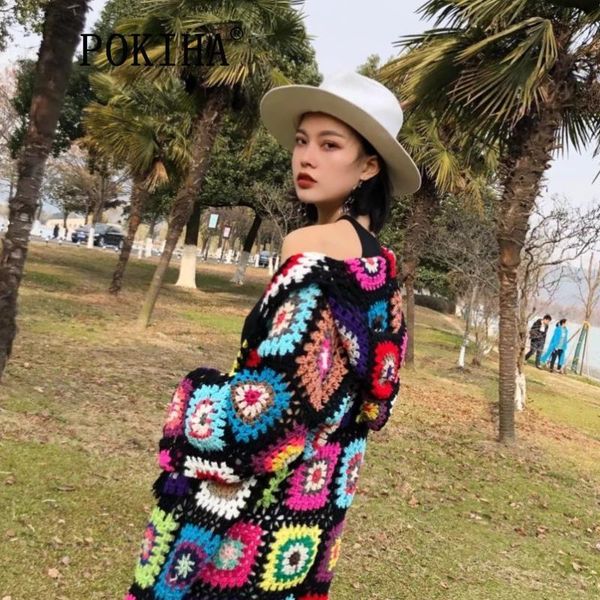 Women&#039;s Knits Tees Pokiha Fashion Women Vintage Tassel Knitted Hooded Cardigan Sweater Bohemian Printed Long Sleeve Female Outerwear Ch