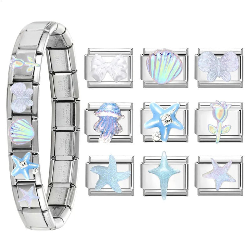 Charm Bracelet Shine Starfish Sea Shell Star Fit 9mm Italian Link Stainless Steel Jewellery Diy Making Gifts 240919