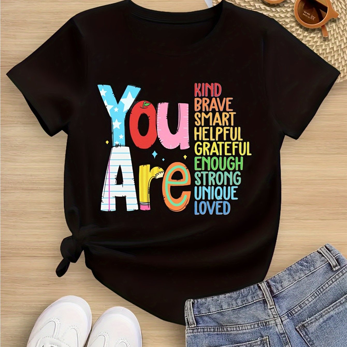 TEMU Girls' 100% Cotton "you Are" Inspirational T-shirt - Colorful Stars & , Soft Breathable Round Neck Tee For Casual Casual Attire, Sizes 6-14,