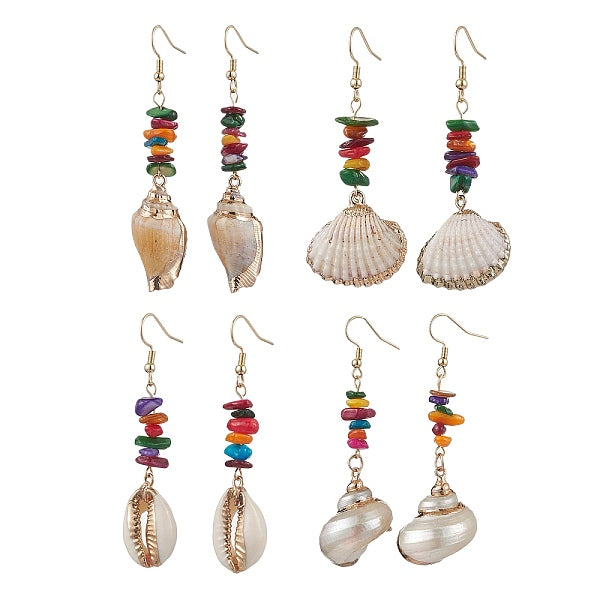 Boucles d'oreilles pendantes en coquillage teint et coquille de conque électrolytique