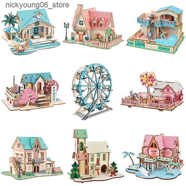 3D Puzzles 3D Wooden Puzzle Jigsaw Wood House Construction Model DIY Assembly Kits Educational Toys For Children Kids Room Decoration L24091