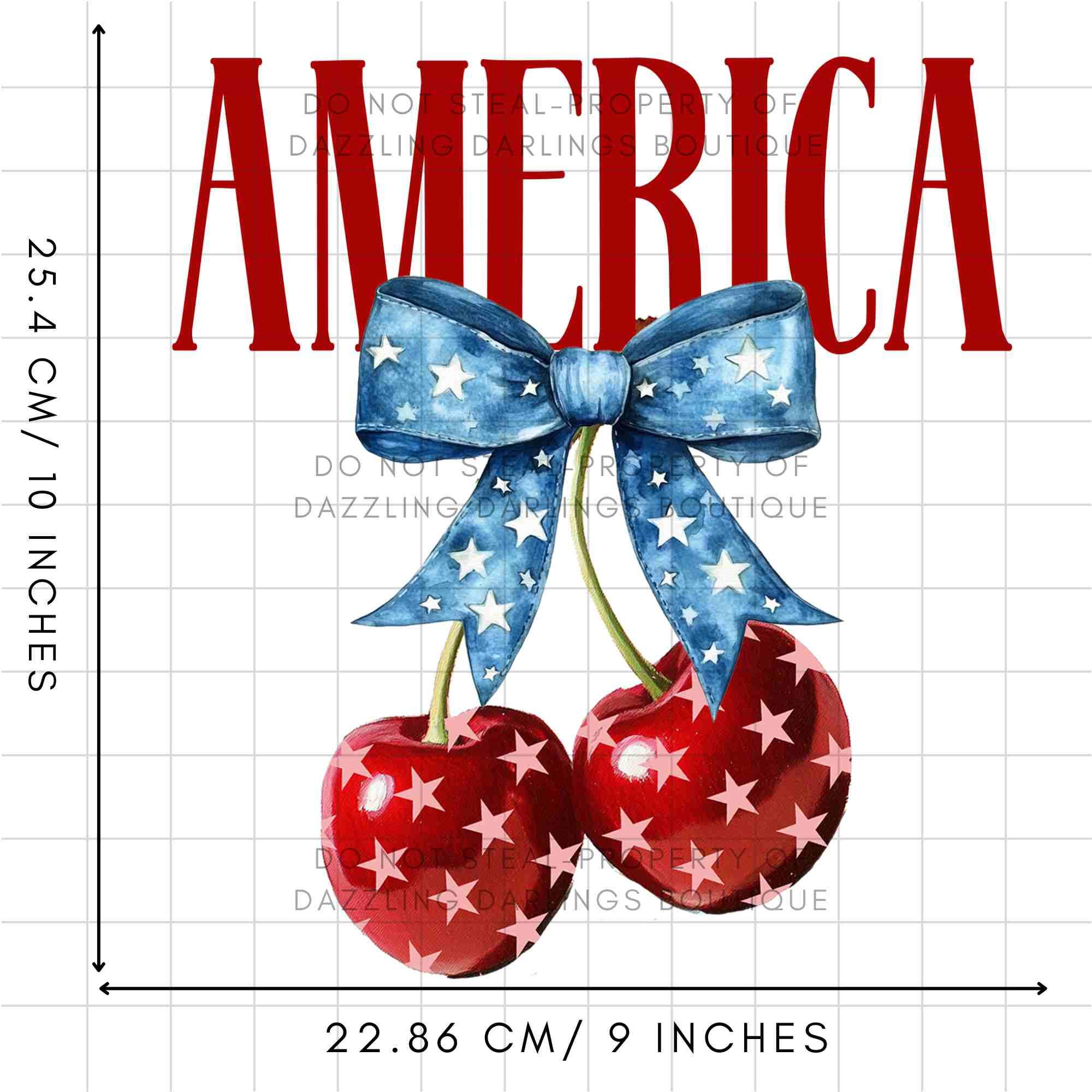 TEMU America Cherries Usa Coquette Bow Watercolor July 4th Heat Transfer- Direct To Film Transfer Dtf For T-shirts, Bags & Fabric Decor, Washable And