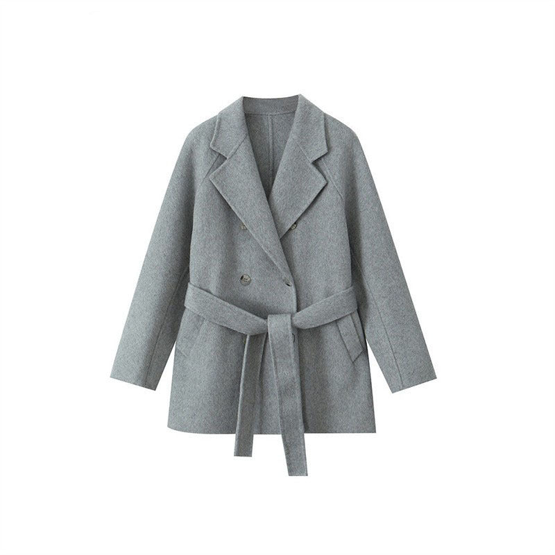 D10019Autumn and winter Korean style popular suit collar double-faced wool coat tie waist double-breasted wool coat