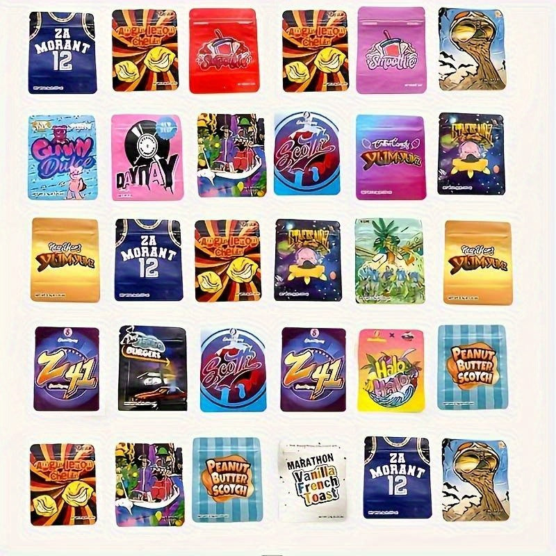 TEMU 100pcs Reusable Mylar Bags With Zipper Closure - 10 Random Styles (67) | 3.5g Durable Plastic Snack & Candy Bags, & Fade-resistant, Clear