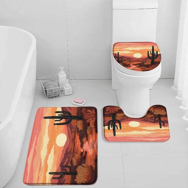 Mid century Desert Abstract Bath Mat Set Orange Bathroom Decoration Sun Stone Cactus Natural Bahtub Carpet Home Carpet Toilet Lid M240829