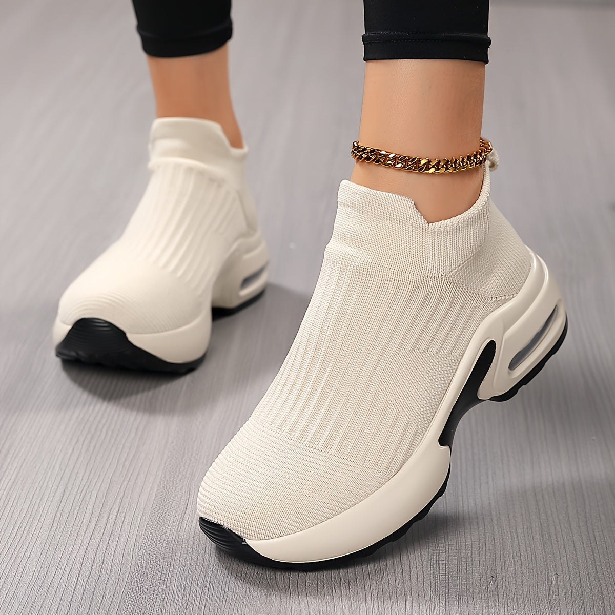 TEMU Women's Fashionable High-top Knit Sneakers With Height - Lightweight, Breathable, Casual Running Shoes, Ribbed Fabric Upper, Pu Sole, High Top