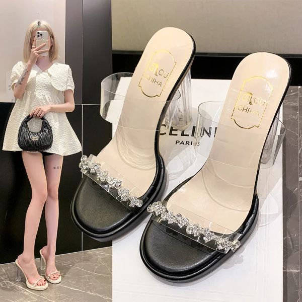 High Transparent Heels Women Chunky with Summer 2024 New Fashion Rhinester Fairy Wind Crystal Slippers 756b