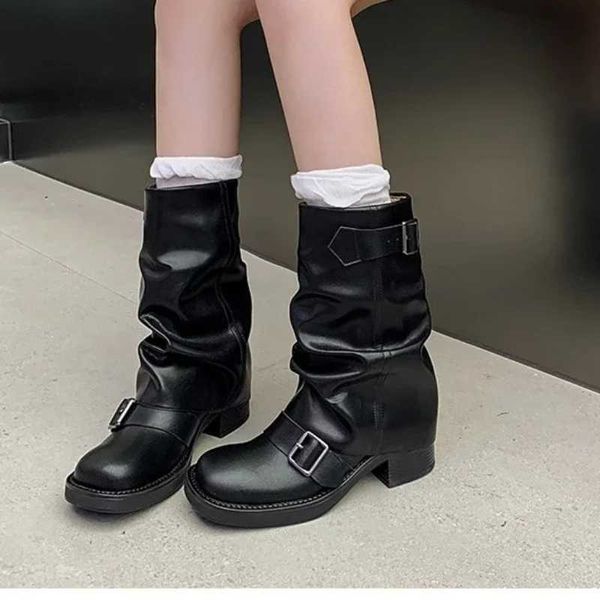 Autumn Winter Thick High Heels Women Mid Calf Boots 2023 Hot Sale Gothic Calves Motorcycles Boots Buckle Comfy Walking BootsC241121