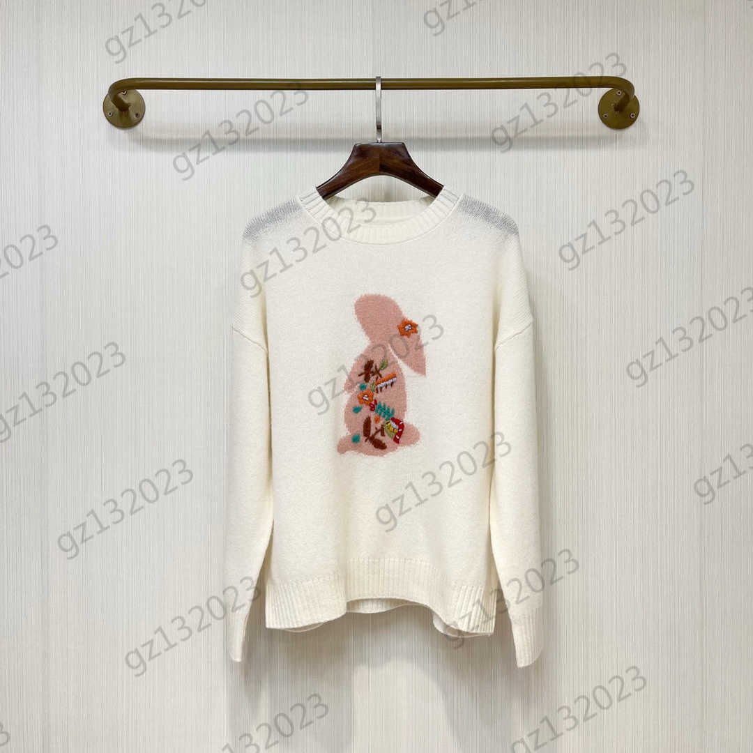 Womens Sweaters Chest Hand-made Three-dimensional Rabbit Embroidery Round Collar Pullover Knitted Sweater Pure Wool Warm Slim Knitwear Women Apparel