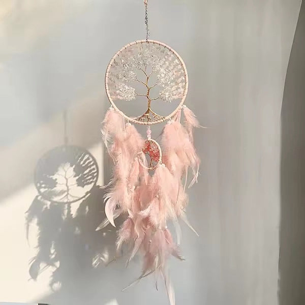 Natural Rose Quartz Chip Flat Round with Tree of Life Pendant Decorations