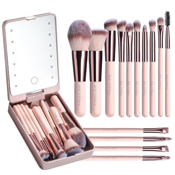 Travel Brush Set with LED Mirror | 14 Pcs Mini Makeup Brushes for Foundation, Powder, Concealers, Eye Shadows