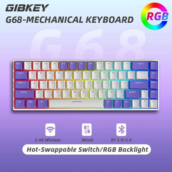 Keyboards G68 Bluetooth wireless gaming mechanical keyboard customized RGB light hot swappable switch with 68 keys for tablet computer work